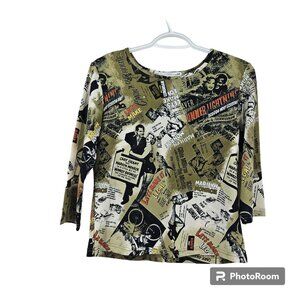 Daniel Benjamin Shirt Top Olive Green Y2K Newspaper Print Stretch Pullover Sz S